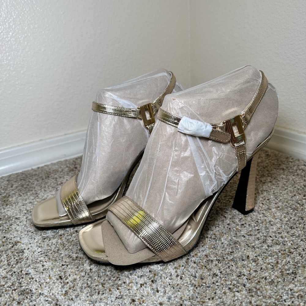 Karl Lagerfeld Cybil Evening Metallic Gold High Heel Sandals with Buckle Strap - Picture 2 of 11